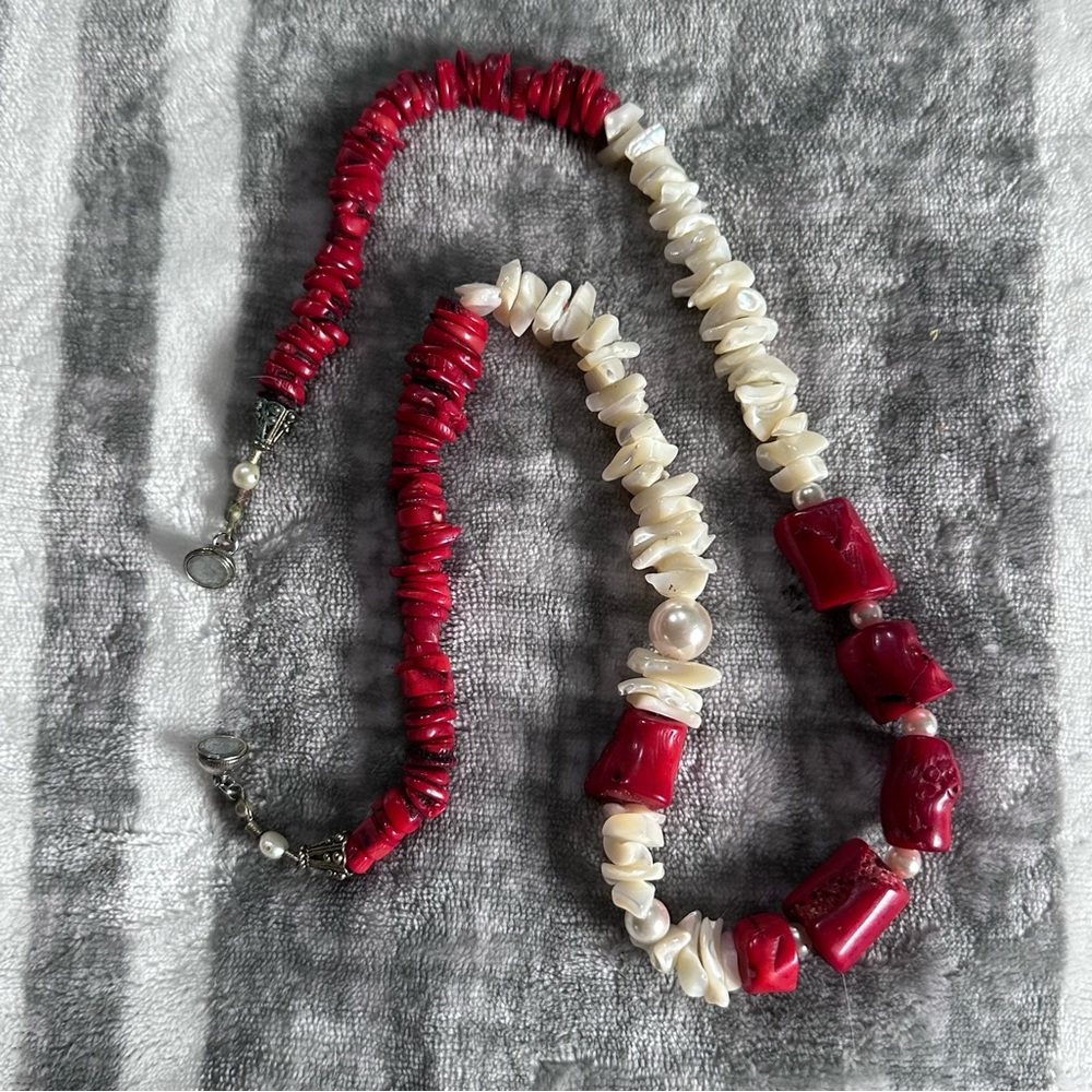 Chucky Statement Necklace 26” Long Red Coral Shells Pearls Magnetic Clasp - Picture 7 of 15